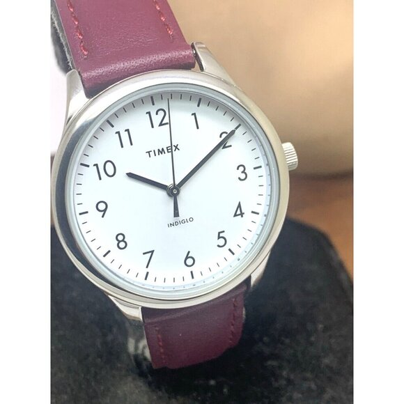 Timex Women's Watch TW2V36100 Indiglo Quartz Silver Dial Burgundy Leather 33mm - Picture 14 of 15